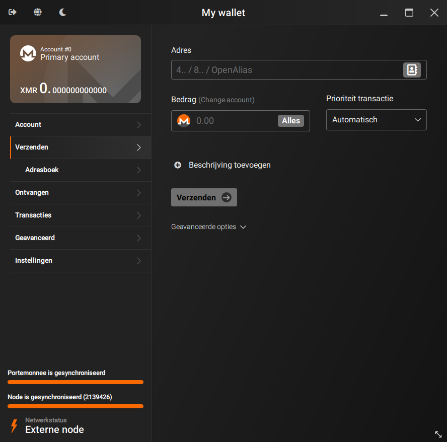 A screenshot of the Monero GUI wallet. It shows the wallet's balance and a navigation menu on the left, and a form for sending XMR on the right.